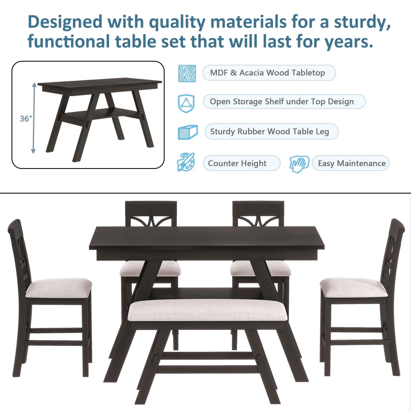 6-Pc Wood Counter Height Dining Table Set w/ Storage Shelf, and Bench