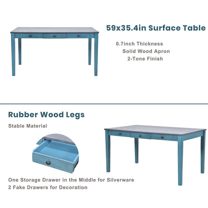 Detailed specifications of TOPMAX Mid-Century dining table; dimensions: 59x35.4 inches, 0.7-inch thickness, rubber wood legs, storage drawer, antique blue finish.