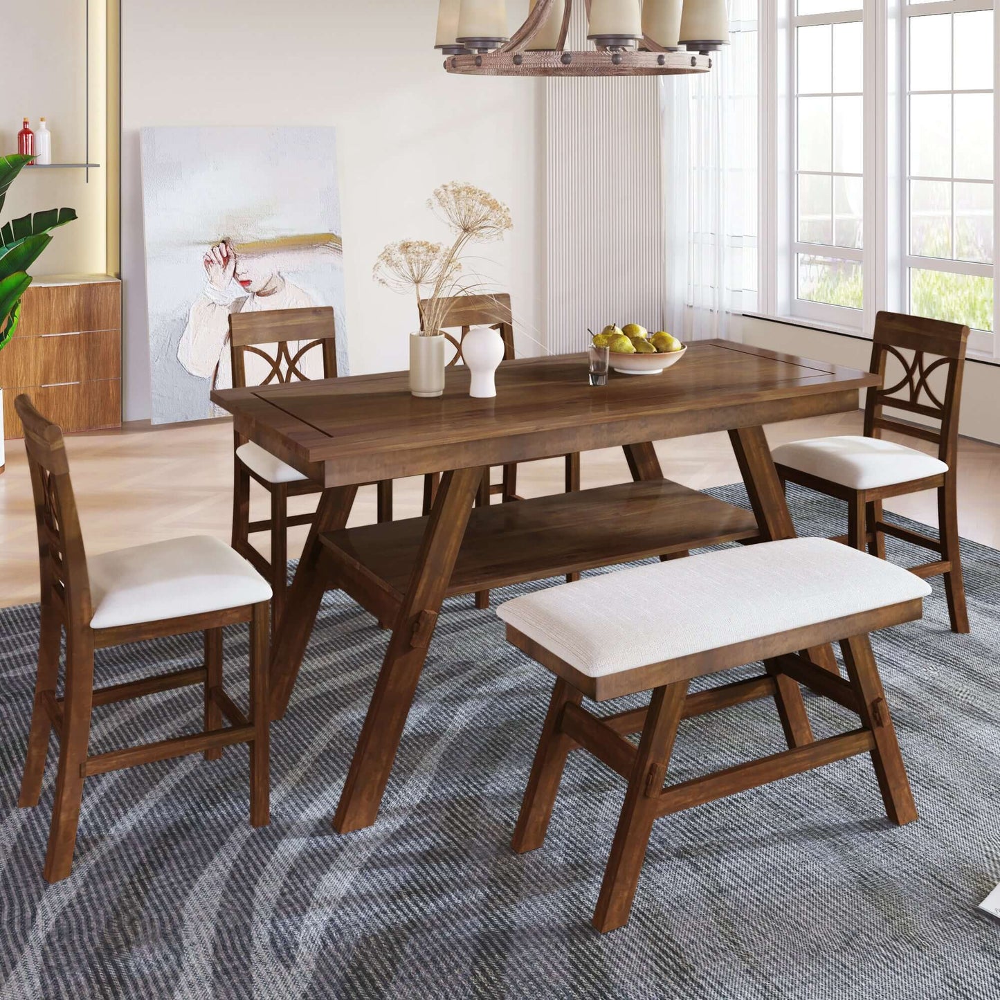 6-Pc Wood Counter Height Dining Table Set w/ Storage Shelf, and Bench