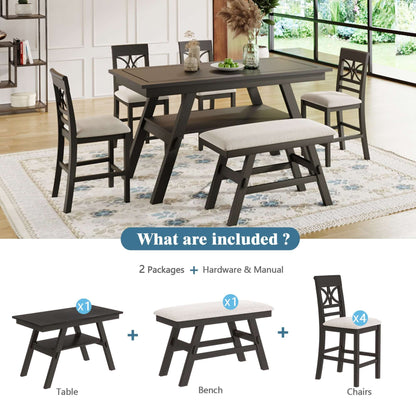 6-Pc Wood Counter Height Dining Table Set w/ Storage Shelf, and Bench