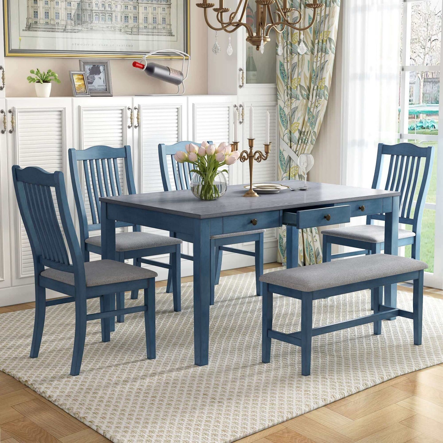 TOPMAX Mid-Century 6pc Dining Table Set in antique blue finish with chairs and bench in a modern dining room.