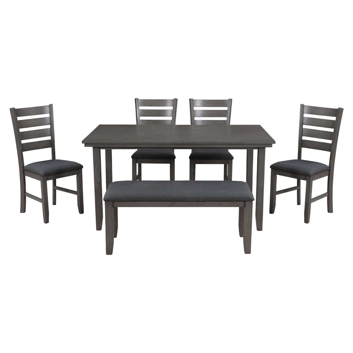 Mesa de comedor y sillas con banco, juego de comedor de madera rústica, juego de 6 (gris)