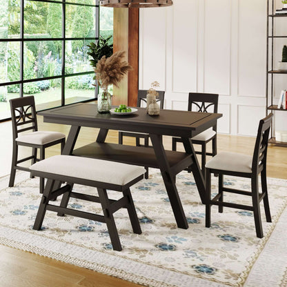 6-Pc Wood Counter Height Dining Table Set w/ Storage Shelf, and Bench