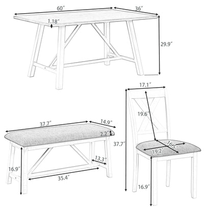 Juego de mesa de comedor de madera de 6 piezas con mesa, banco y 4 sillas; Estilo Rústico