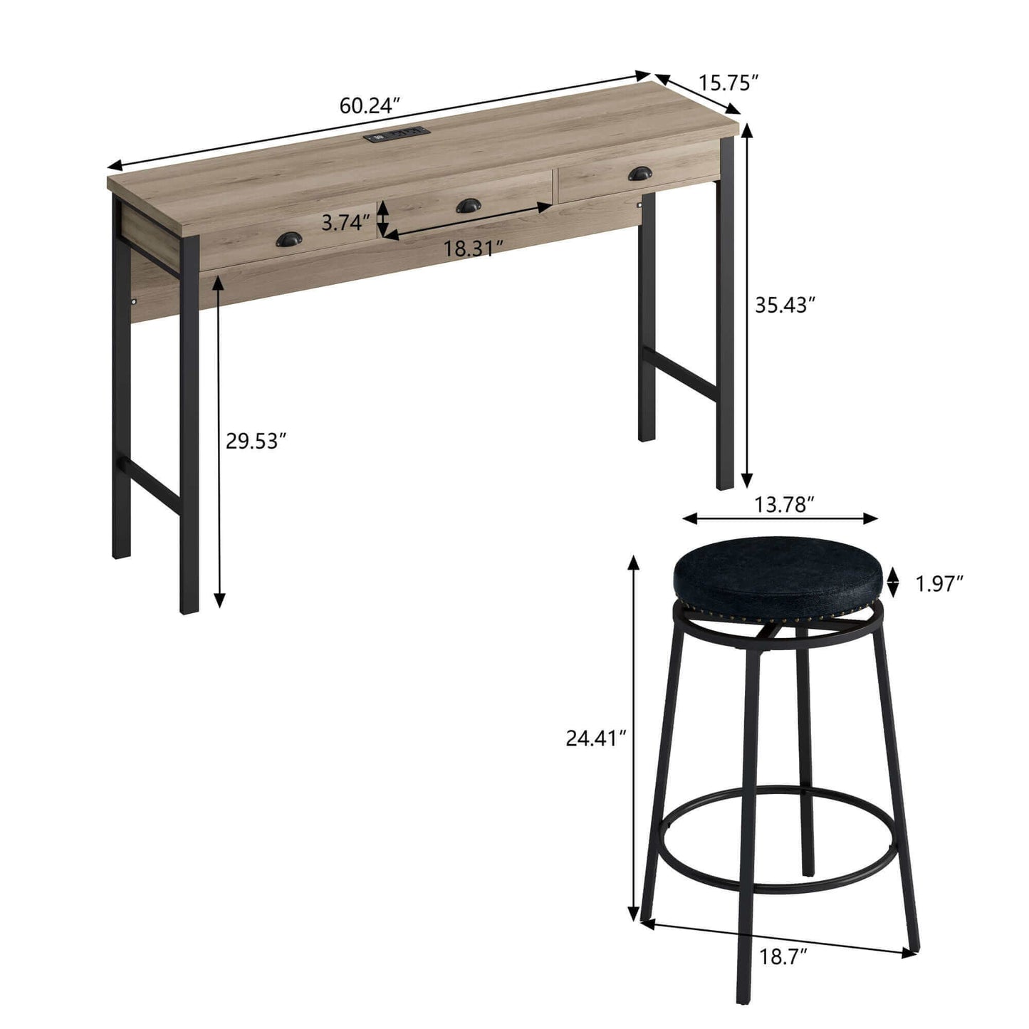 Bar Kitchen Table Set w/ Power Outlets; w/ Circular Stools, 3-Drawer