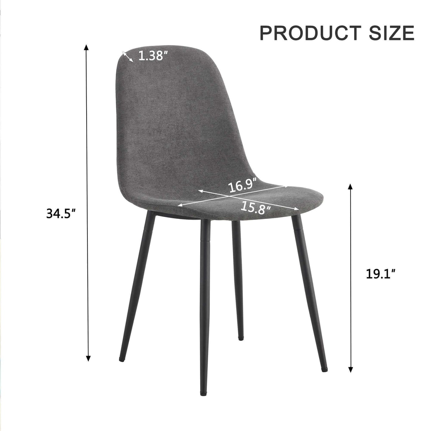 Dark gray modern medieval style chair with product dimensions showing height 34.5 inches, seat depth 15.8 inches, and width 16.9 inches.