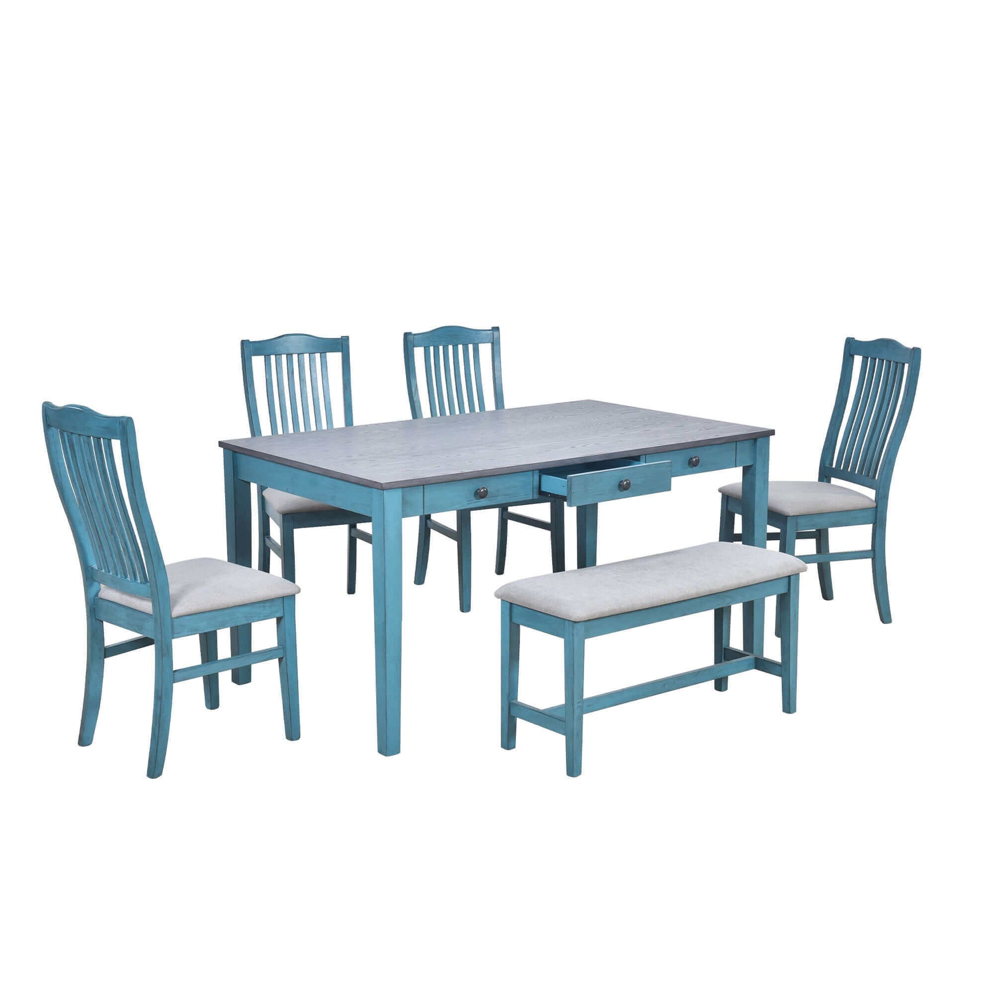 TOPMAX Mid-Century 6pc Dining Table Set in antique blue with chairs and bench perfect for dining room styling and functionality.