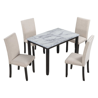Juego de comedor/mesa de 5 piezas de mármol sintético con 4 sillas de comedor con cojines