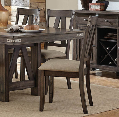 Rustic industrial style dining set with self-storing butterfly leaf, seating for six, and sturdy brown wooden construction in a dining room setting.