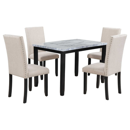 Juego de comedor/mesa de 5 piezas de mármol sintético con 4 sillas de comedor con cojines