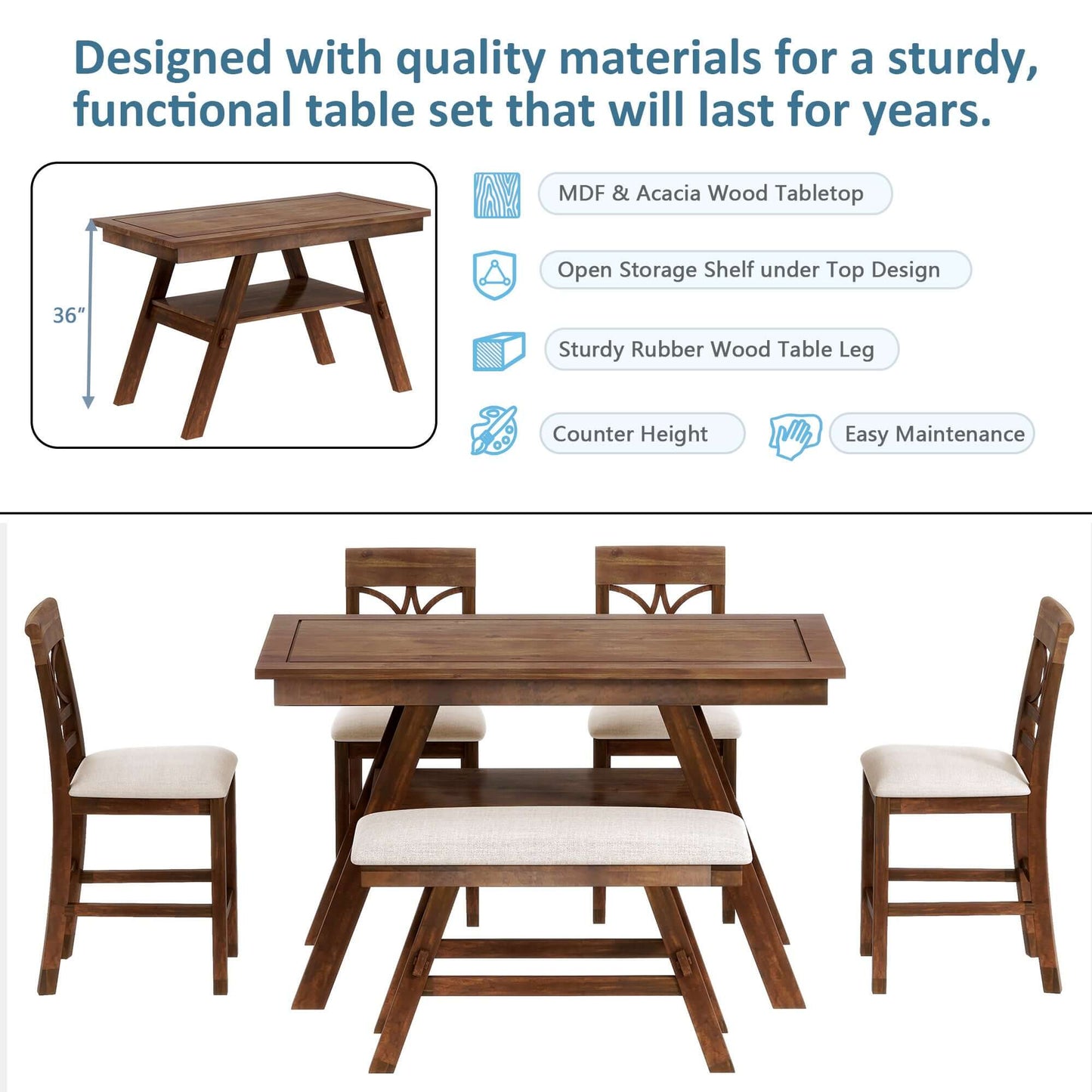 6-Pc Wood Counter Height Dining Table Set w/ Storage Shelf, and Bench