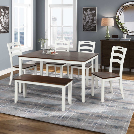 6 Piece Dining Table Set with Bench; Ivory and Cherry