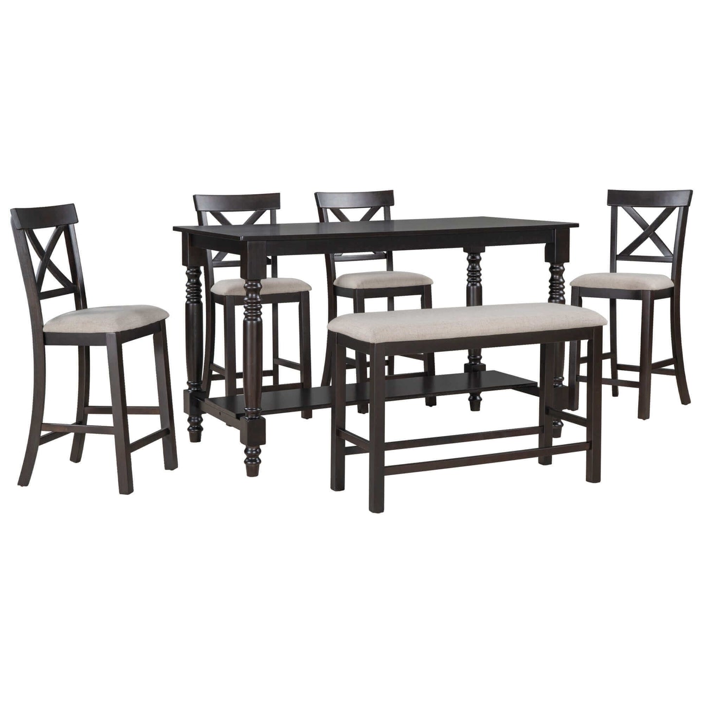 Juego de mesa de comedor con altura de mostrador de 6 piezas; Mesa con estante 4 sillas y banco