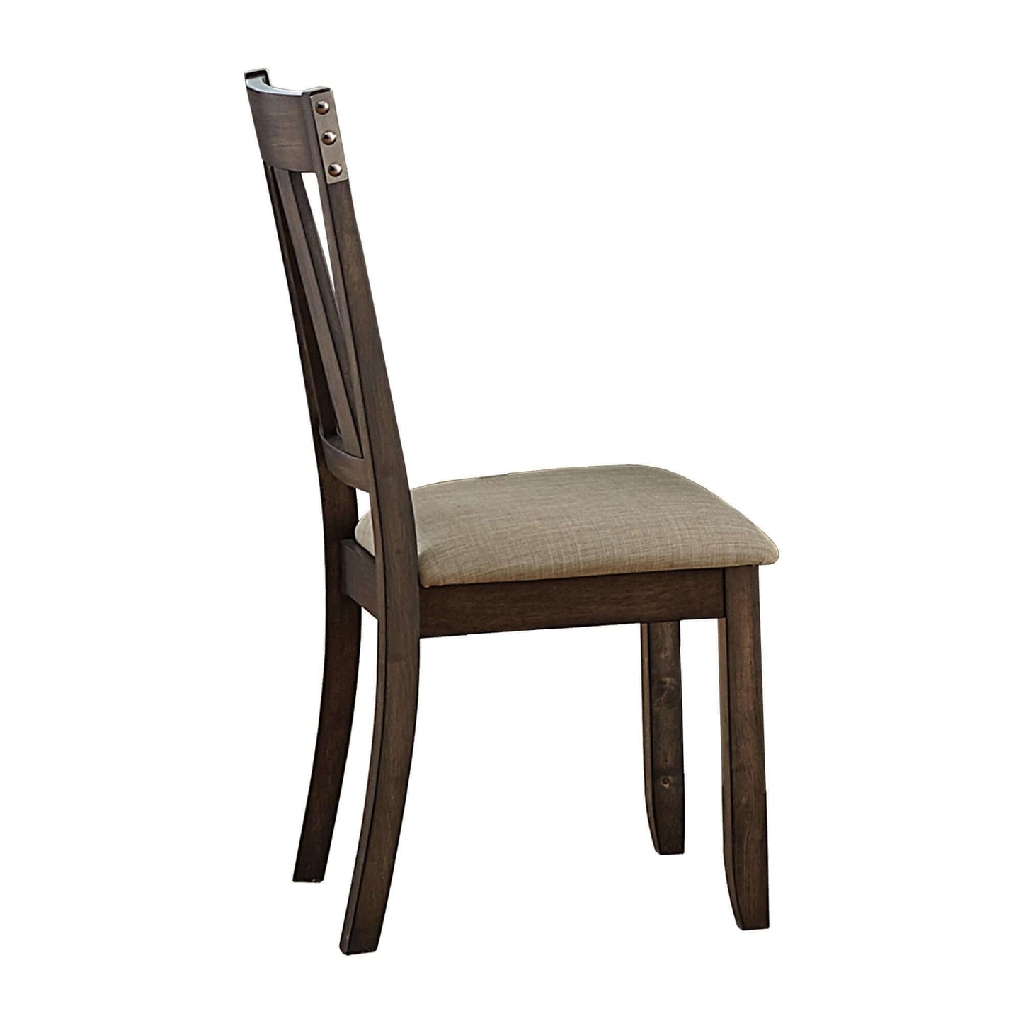 Rustic industrial style dining chair with a brown wooden frame and beige cushioned seat