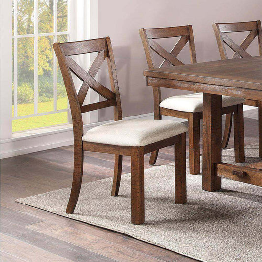2pc Dining Chair Set; Natural Brown Finish Solid Wood, Unique X Design