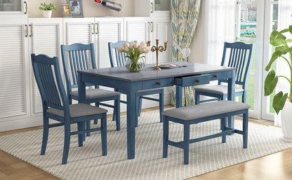 TOPMAX Mid-Century 6pc Dining Table Set in Antique Blue with chairs and bench, ideal for dining rooms with a touch of elegance.