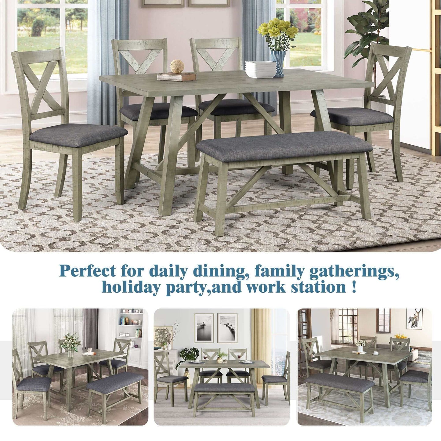 6 Pc Wood Dining Table Set w/ Table, Bench and 4 Chairs; Rustic Style