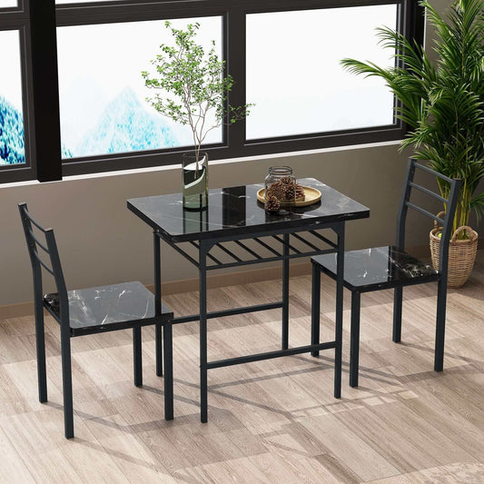 Modern 3-pc Dining Table Set; 2 Chairs, Printed Marble Finish